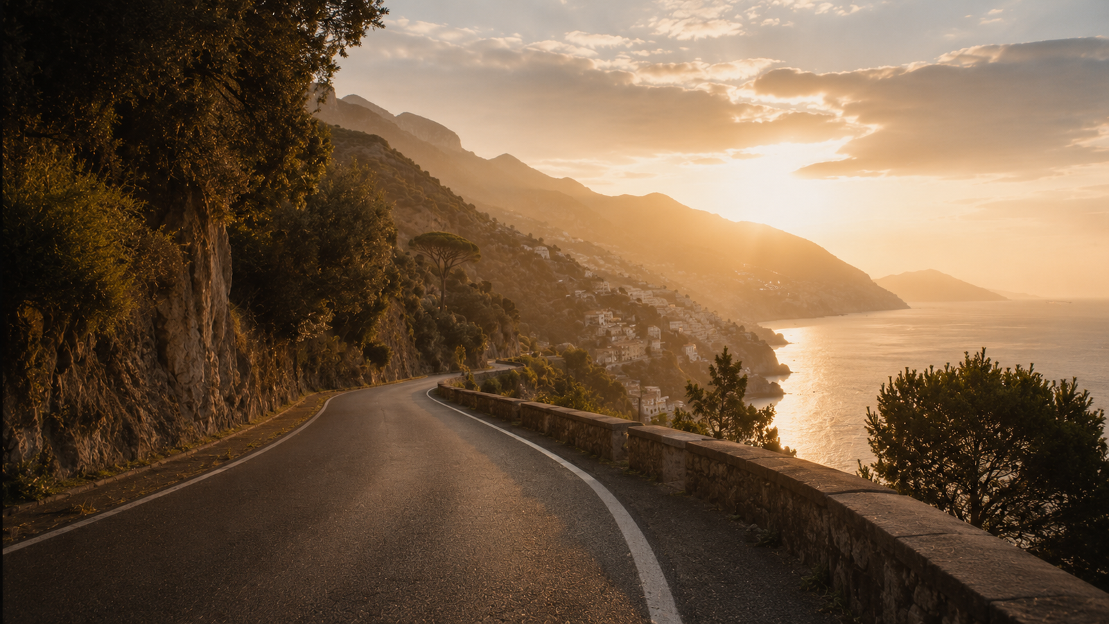 An empty mountain road above the Amalfi coast