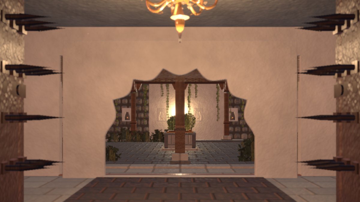 AANGAN — the entrance hall looking through a cusped arch into the courtyard
