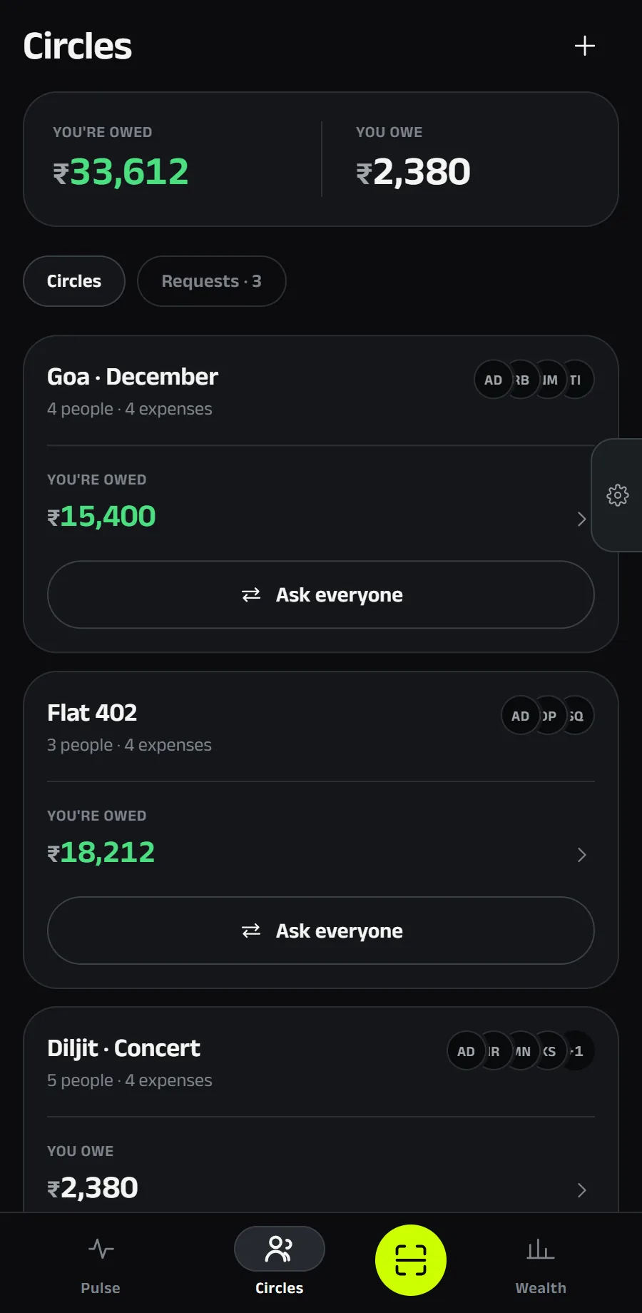 ANKA Circles · group expenses and single-tap debt resolution