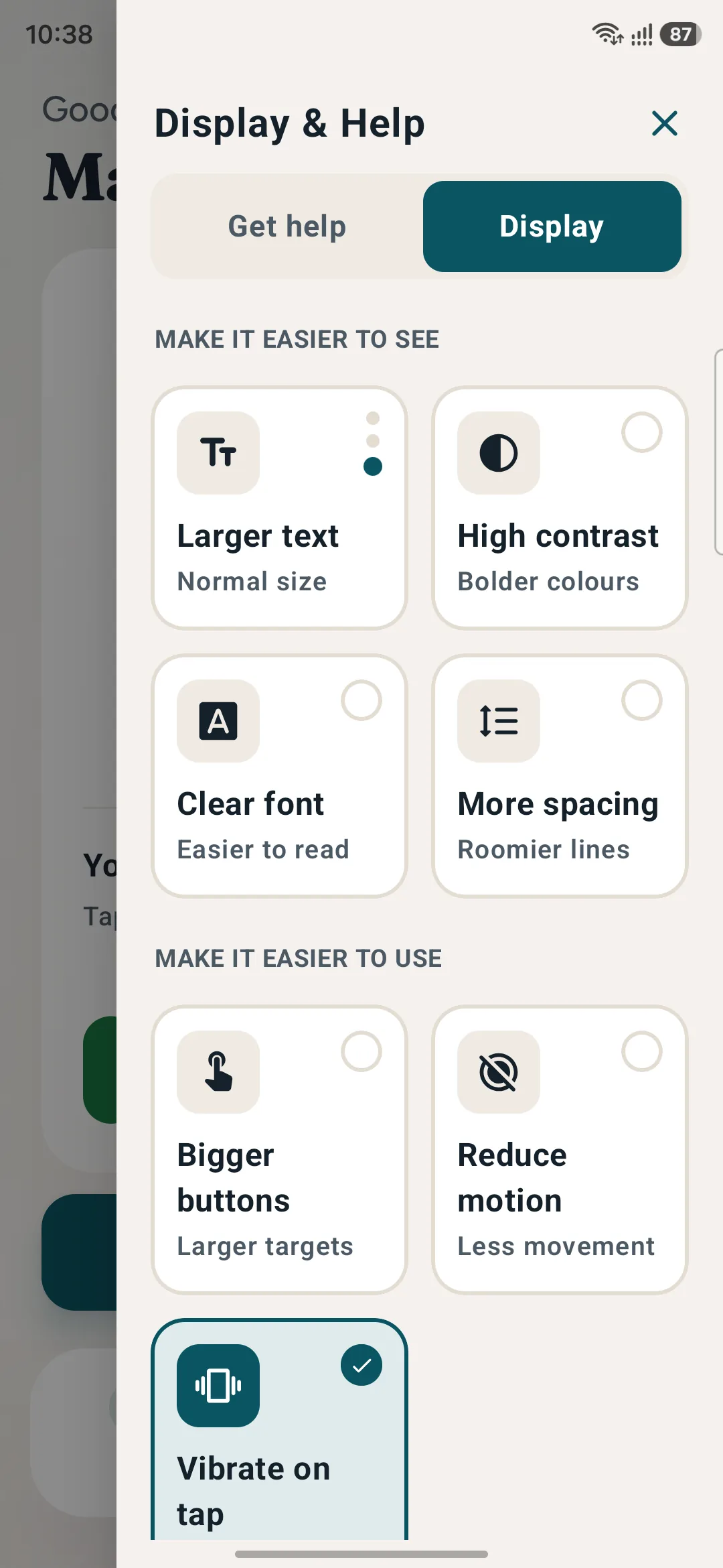 Display and accessibility panel