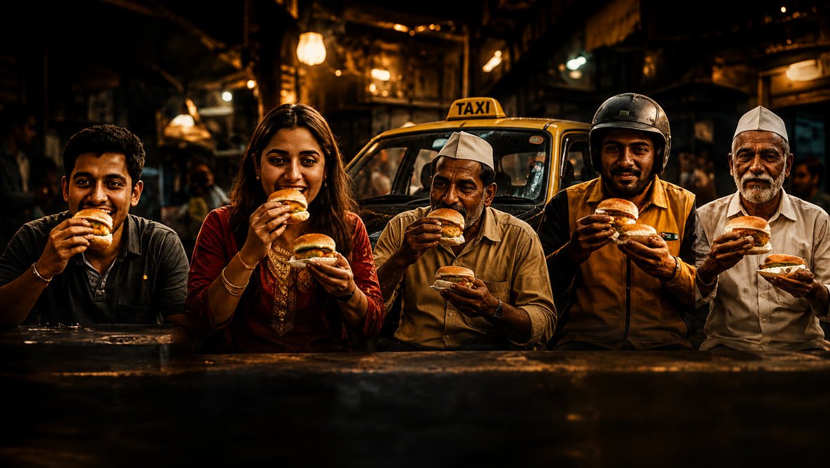 सगळ्यांच्या हातात — five people holding vada pav