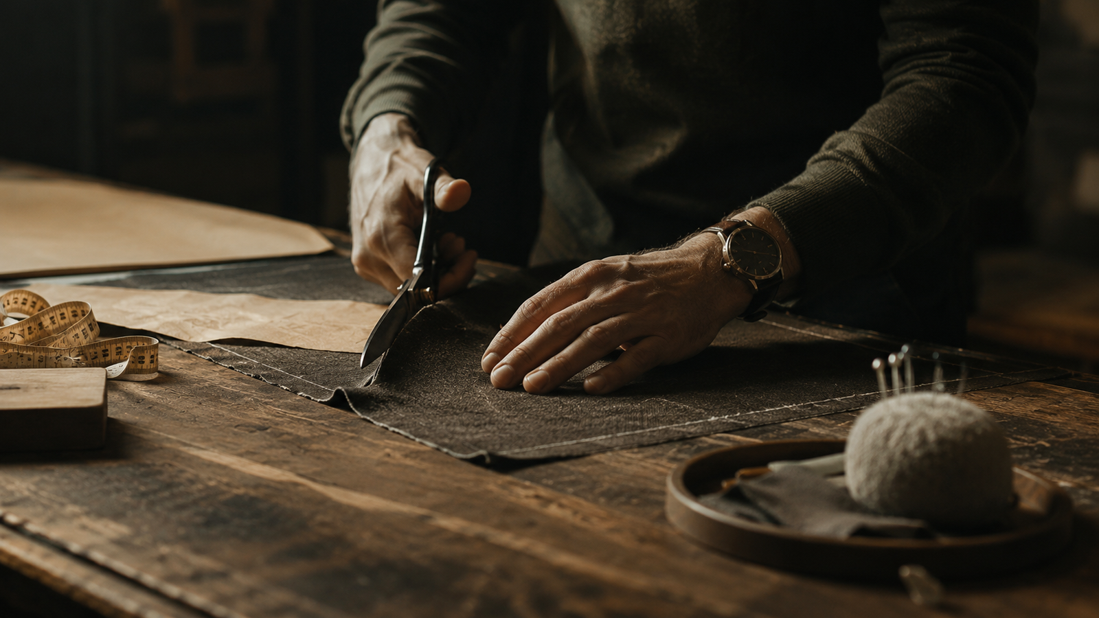 A cutter trimming cloth by hand at the atelier bench