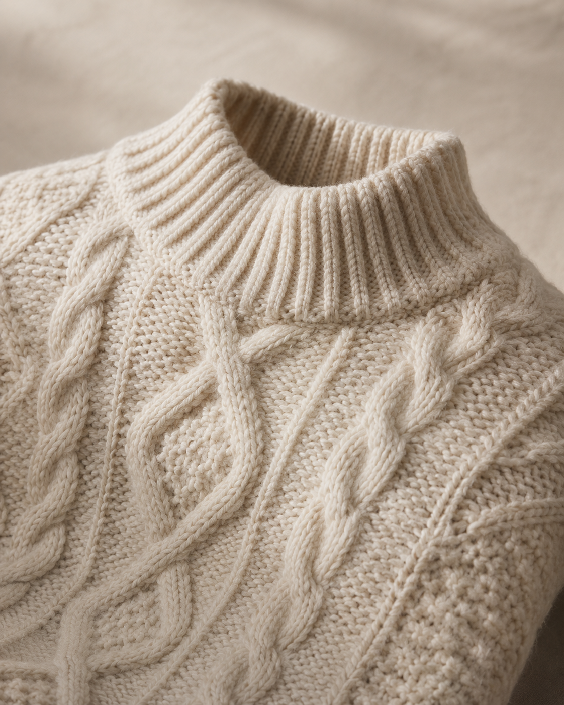 Bone-white undyed merino Aran knit sweater