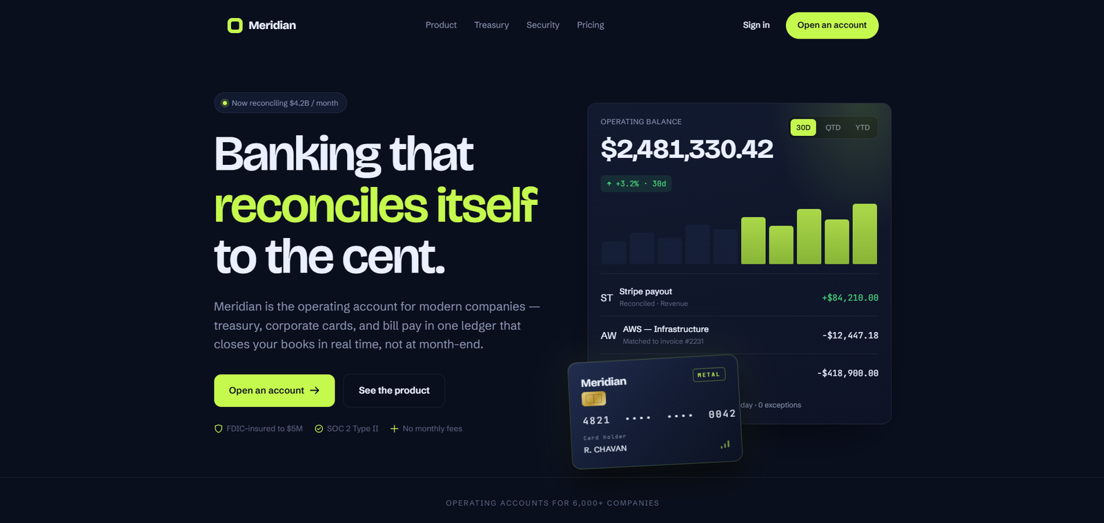 Meridian — Banking, reconciled to the cent